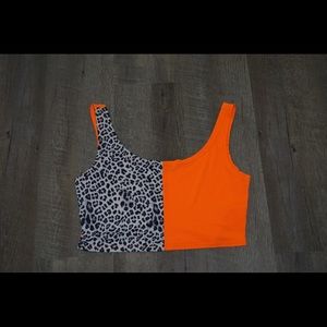 SHEIN crop top. Orange, black, and white with half cheetah print.